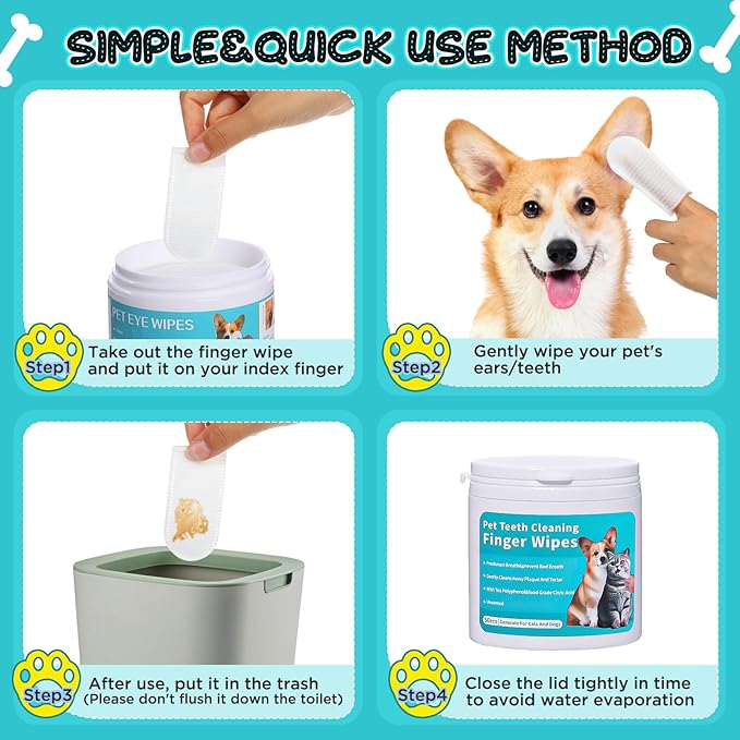 2-Pack Teeth and Ear Cleaner Finger Wipes, Dog and Cat Grooming Kit, Soothing Odor Control, Reduces Dirt and Wax Buildup (1*Teeth Wipes&Ear Wipes&Eye Wipes)