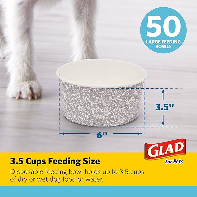 Glad for Pets Disposable Feeding Bowls | Large Disposable Dog Bowls in Gray Pattern | 3.5 Cup Feeding Size, 25 Count - Dog Bowls are Great for Dry and Wet Dog Food or Water
