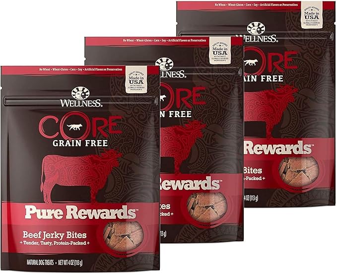 WELLNESS CORE Pure Rewards Natural Grain Free Dog Treats, Soft Jerky Bites, 4-Ounce Bag (Beef Jerky, (3 Pack) 4-Ounce Bag)