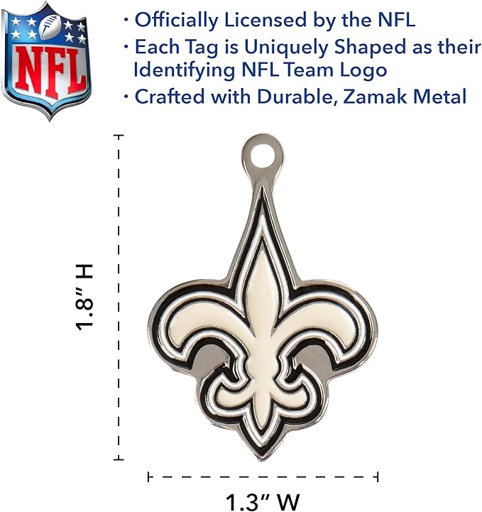 NFL New Orleans Saints Engraving Pet ID Tags in 32 Team Logo Shapes Personalized Dog Tags and Cat Tags with 3 Lines of Customizable Text for Tracking & Safety. Stainless Steel Pet ID Tracking Tags