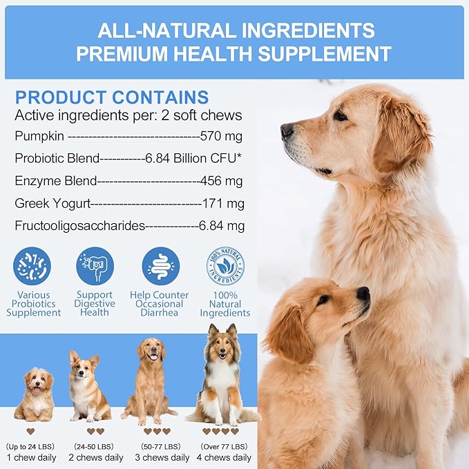 Probiotics for Dogs, Organic Pumpkin with 6 Digestive Enzymes, Providing Probiotics for Gut Flora, Digestive Health, Occasional Diarrhea, 120 Count Lamb Flavor