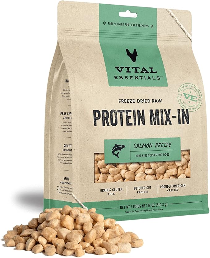 Vital Essentials Freeze Dried Raw Protein Mix-in Dog Food Topper, Salmon Mini Nibs Topper for Dogs, 18 oz