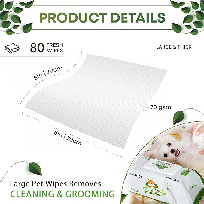 VIETDAI Dog Wipes for Paws and Butt Cleaning Deodorizing Pet Grooming Bath Wipes with Aloe Vera and Vitamin E Hypoallergenic Cat Wipes for Eyes Ears Face Body Fur - 400 Count Puppy Wipes