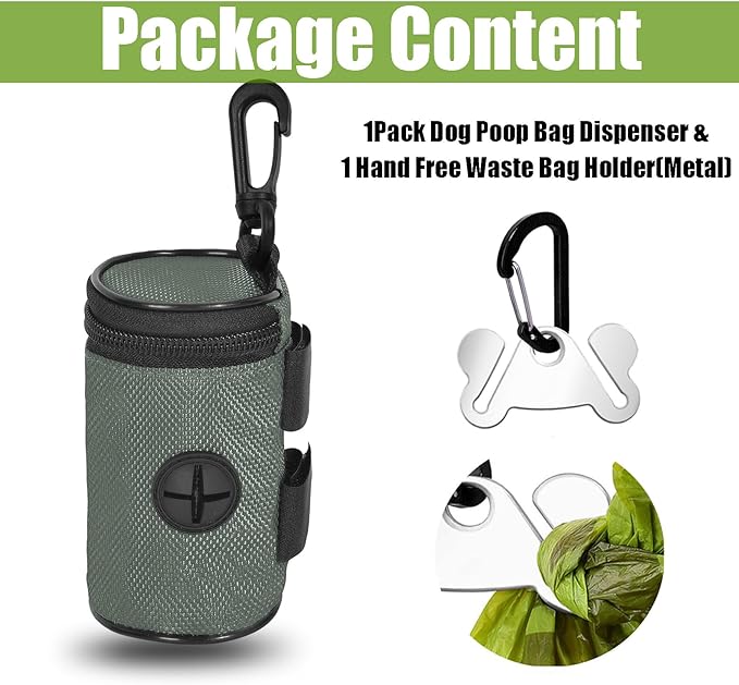 Dog Poop Bag Holder for Leash Attachment - Waste Bag Dispenser for Leash - Fits Any Dog Leash - Portable Set with Hand Free Holder Metal Carrier, Round Shape, Grey