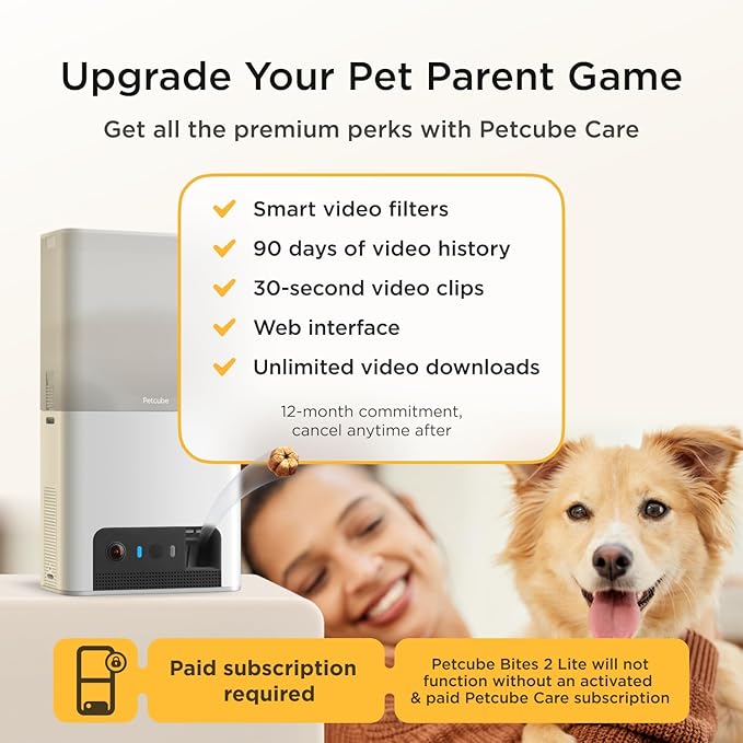 Petcube Bites 2 Lite and Care Coverage Subscription | Interactive WiFi Pet Monitoring Camera with Phone App and Treat Dispenser, 1080p HD Video, Night Vision, Sound and Motion Alerts