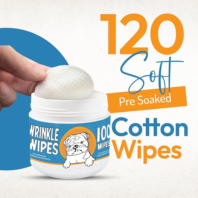 Wrinkle Wipes for Dogs - 100 Count Dog Wrinkle Wipes French Bulldog, English Bulldog, Pugs - 3.15 in Large Bulldog Face Wipes - Cleaning & Soothes on Wrinkles, Folds, Tail Pockets
