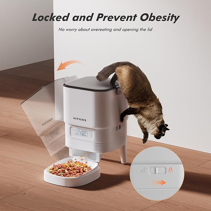 Automatic Cat Feeder -Timed Feeder for Dry Food, Easy Control to Programmable, Pet Feeder with Battery/Power Supply, Cat Food Dispenser, 1-6 Meals Per Day, Non-slip bottom, Lid with locked