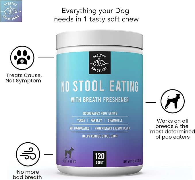 Deterrent for Dogs Eating Poop - Coprophagia No Poo Chews Prevent Dog from Eating Stool - Chew Enhanced with Breath Freshener, Enzymes, & Probiotics to Help Ease and Stop This Nasty Habit | 120ct