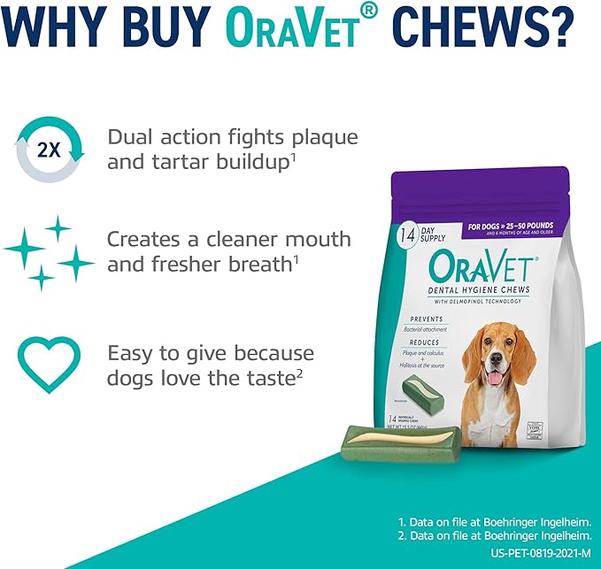 ORAVET Dental Chews for Dogs, Oral Care and Hygiene Chews (Medium Dogs, 25-50 lbs.) Purple Pouch, 14 Count