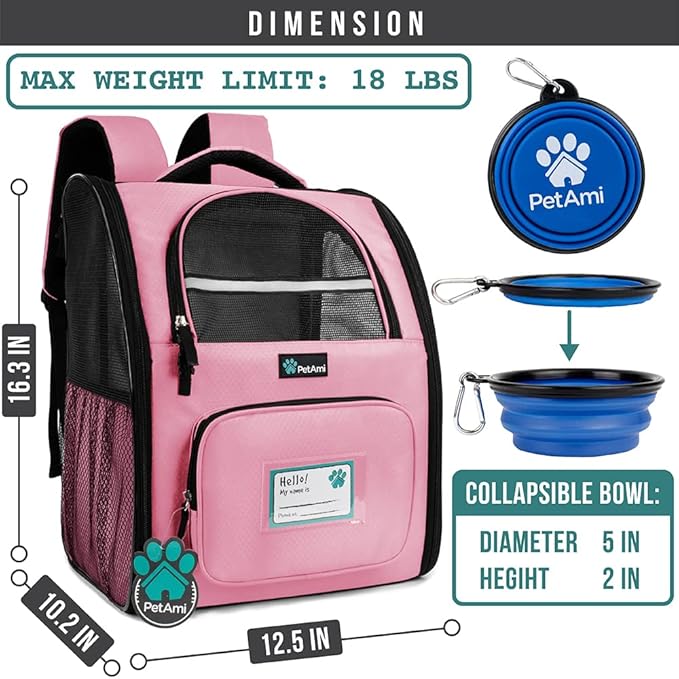 PetAmi Dog Backpack Carrier for Small Large Cat, Pet, Puppy, Ventilated Pet Hiking Backpack Travel Bag, Airline Approved Cat Backpack Carrier, Camping Biking Dog Bag Up to 18lbs Pet, Pink