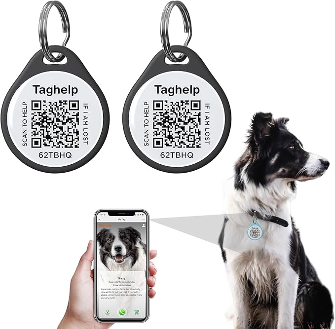 (2 Pack) QR Code Pet ID Dog cat Tags for Collar Personalized for Pet Online Profile - Scan QR Receive Instant Pet Location Alert Email, Anti-Lost,No Subscription fees (Black & Black, for Dog - 1.2")