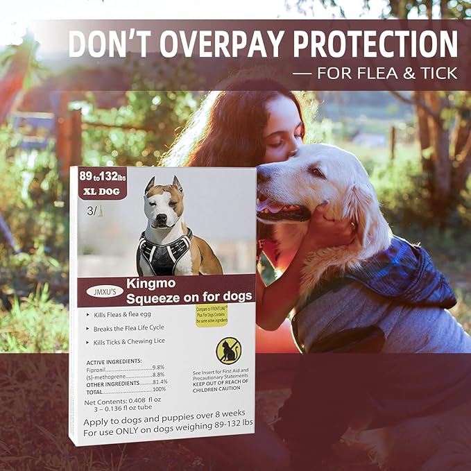 Flea and Tick Prevention for Dogs, Dogs Flea & Tick Treatment with Fipronil, Long-Lasting & Fast-Acting Topical Flea & Tick Control Drops (3 Doses, 89-132lbs)