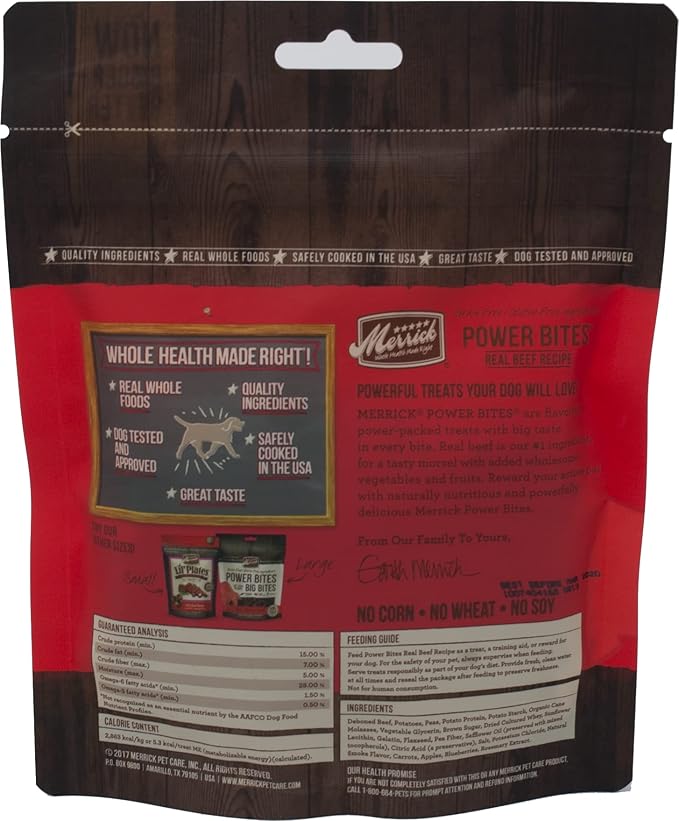 Merrick Power Bites Soft Chewy Dog Treats 3 Flavor Variety - (1) Each: Real Beef, Chicken, Rabbit Sweet Potato (6 Ounces) - Plus Rope Toy and Fun Animal Facts Booklet Bundle