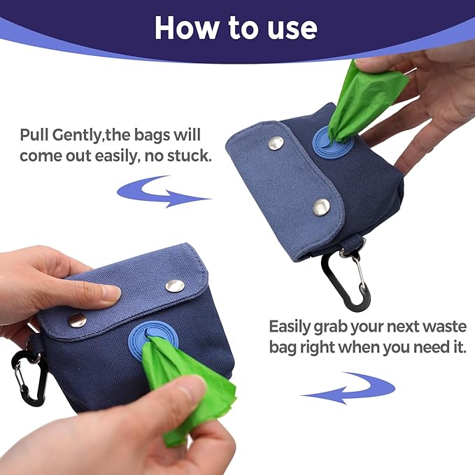 Dog Poop Bag Holder, Portable Dog Poop Bag Dispenser with 1 Metal Clip, Blue Button Canvas Poop Pag Polders for Leashes