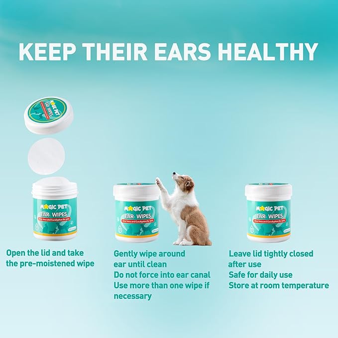 Dog Ear Cleaner Wipes — 120 Grooming Wipes W/Aloe Vera & Eucalyptus — Gentle 99% Water Pet Ear Wipes for Odor & Wax Removal — Otic Dogs & Cats Ears Cleanser Itch-Free Pet Grooming Supplies