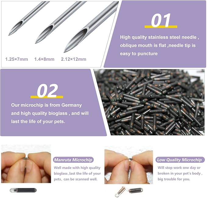 100 pack Pet ID Microchip for Dogs and Cats Identification and Registration 1.4X8 MM 134.2Khz ISO 111784/5