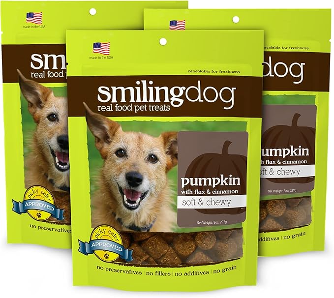 Herbsmith Smiling Dog Treats - Soft and Chewy Dog Treats for Senior Dogs - Dog Training Treats - Dog Treats with Pumpkin, Flax & Cinnamon - Bundle of 3