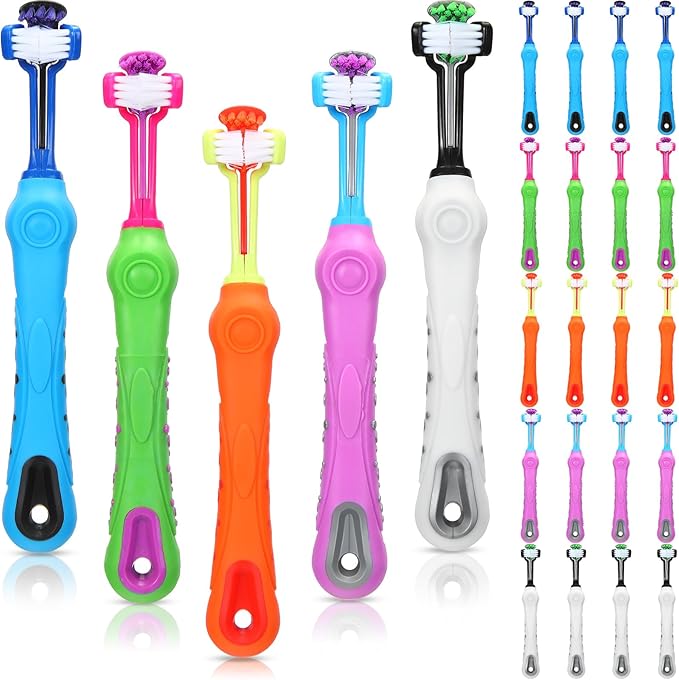 Tioncy 20 Pcs 3-Sided Dog Toothbrush Pet Toothbrush 6.8 Inches Dog Brush Dog Teeth Cleaning Brush Removing Bad Breath Tartar for Dogs Cats Pet Dental Care Mouth Cleaning, 5 Colors