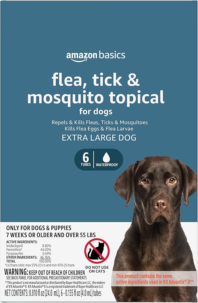 Amazon Basics Flea, Tick & Mosquito Topical Treatment for X-Large Dogs (over 55 pounds), 6 Count (Previously Solimo)