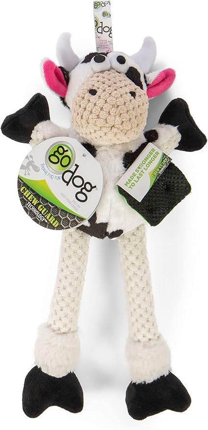 goDog Checkers Skinny Cow Squeaky Plush Dog Toy, Chew Guard Technology - White, Small