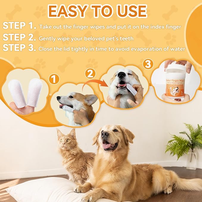 Dog Teeth Cleaning Wipes for Dogs & Cats 60 Counts, Dog Dental Care Wipes, Dog Tooth Brushing Kit Dental Wipes, Remove Bad Breath by Reducing Tartar Buildup & Freshens Breath