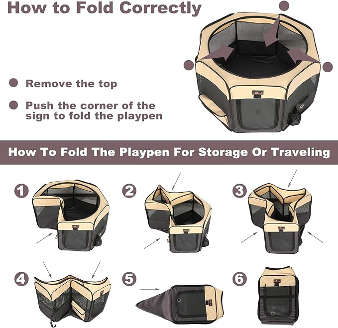Dog Playpen, Cat Playpen - Foldable Pet Playpen with Carrying Case, Portable Pet Tent for Indoor/Outdoor Use | Water Resistant | Removable Shade Cover - (Brown, Small)