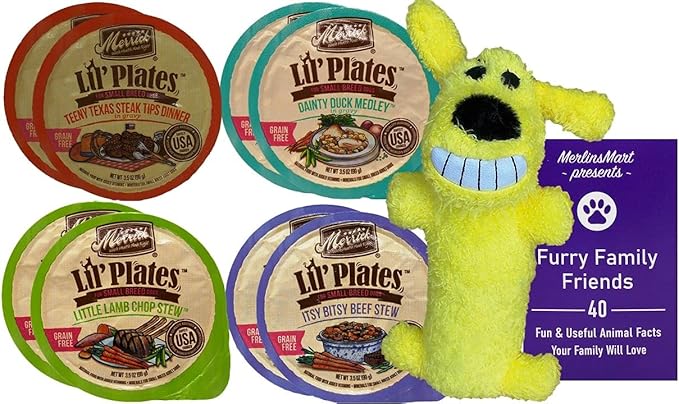 Merrick Lil' Plates Grain Free Small Breed Dog Food 4 Flavor 8 Can Variety (2) each: Texas Steak, Dainty Duck, Beef Stew, Lamb Chop Stew (3.5 Ounces) - Plus Squeak Toy and Fun Facts Booklet Bundle