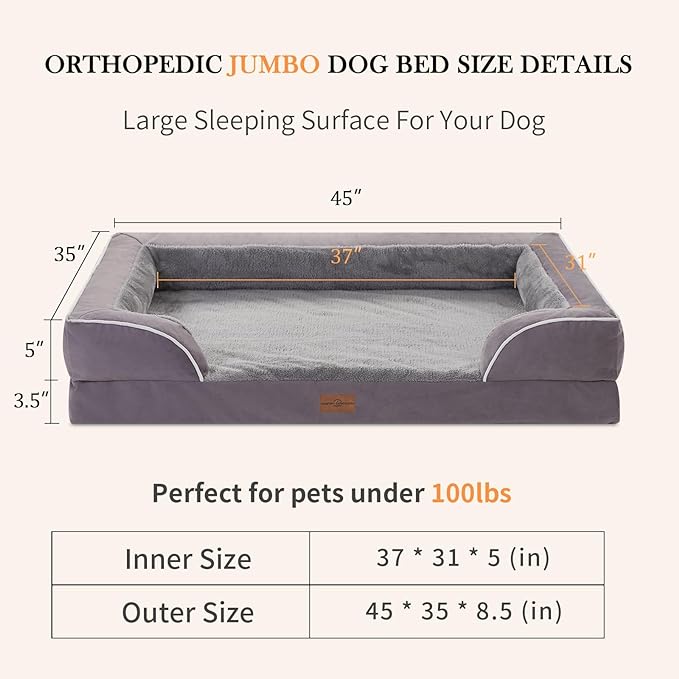 Jumbo Dog Bed for Extra Large Dogs, Jumbo Breed Waterproof Orthopedic Dog Bed, PV Washable Dog Sofa Bed with Removable Cover & Non-Slip Bottom(Jumbo,Purple)