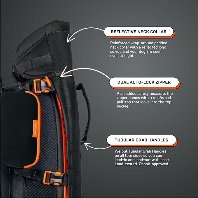 Maxine One Dog Backpack Carrier with Snacc Pacc Hip Belt by LITTLE CHONK | Adjustable Front Facing Bag for Travel or Hiking | Snack Storage | Made for Pets Up to 50 lbs | Medium, Bark After Dark Black