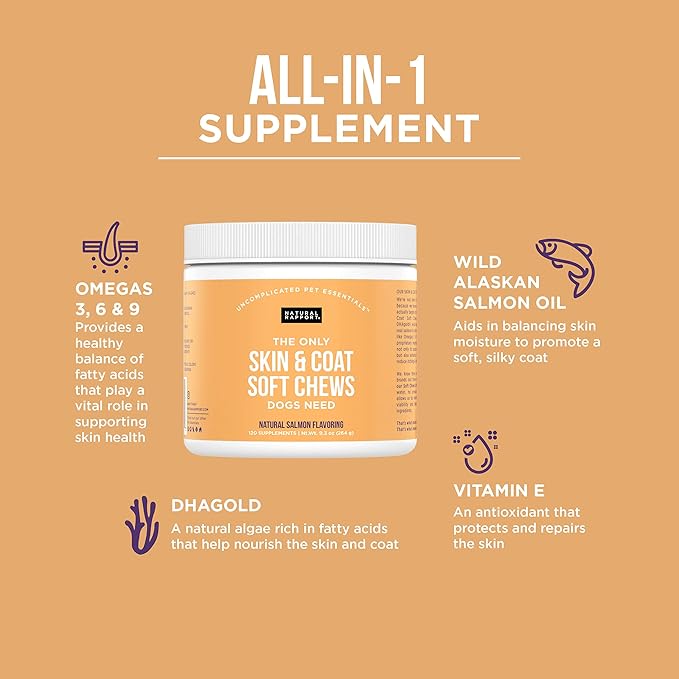 Natural Rapport Dog Skin and Coat Supplement - The Only Skin and Coat Soft Chews Dogs Need - 120ct Treats That Contain Salmon Oil and Omegas 3, 6, & 9 for a Healthy Coat