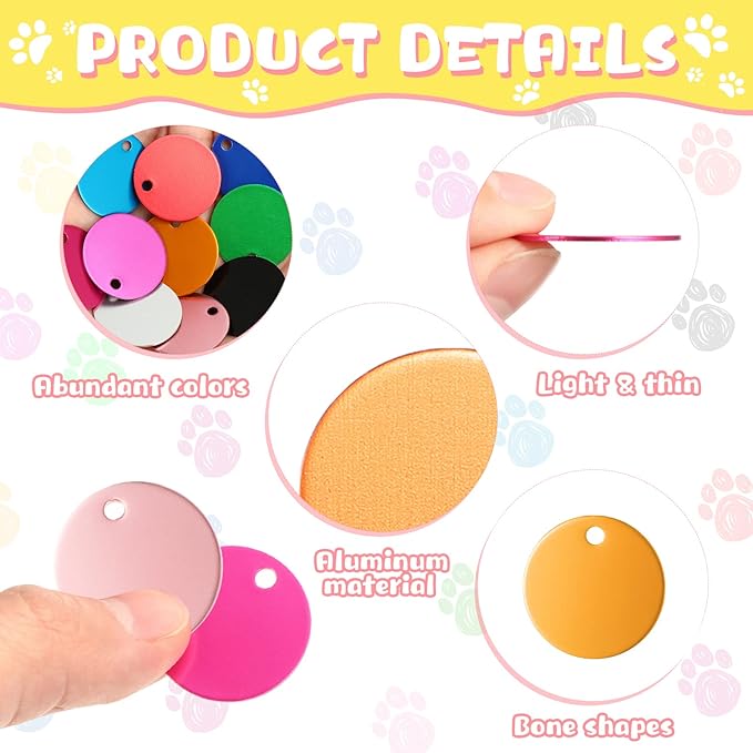 150 Pcs Blank Dog Pet Tags 25 mm for Engraving Aluminum Round Discs Smooth Metal Tag Colorful Double Stamping Tag Pendants with Hole for DIY Craft Pet Tag Charm Supplies