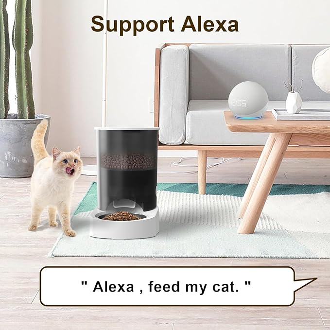 Automatic Cat Feeder, 2.4/5GHz WiFi Automatic Dog Feeder Rechargeable Battery-Operated, APP Control Smart 4L Cat Food Dispenser with 1-10 Meals for Cats and Dogs, Dual Power and Support Alexa