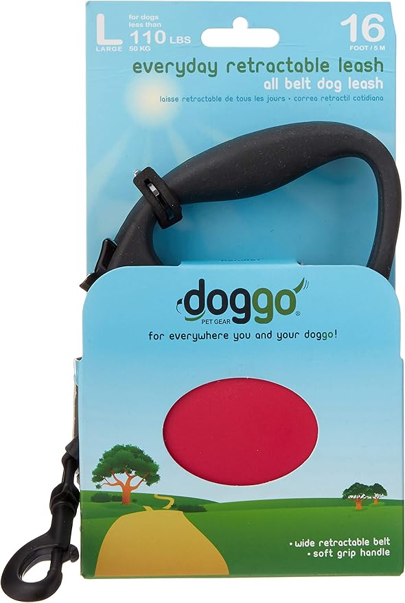doggo Everyday Retractable Dog Leash, 16' Long Belt, Large for Dogs Up to 110 lbs, Red with Black Soft Grip Handle