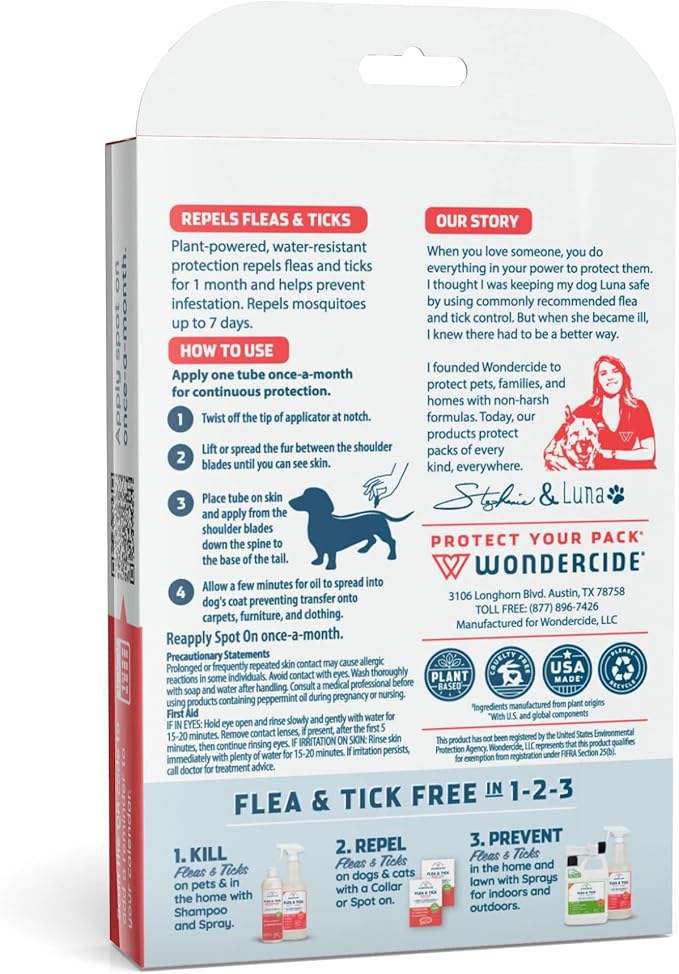 Wondercide - Flea & Tick Dog Spot On - Flea, Tick, and Mosquito Repellent, Prevention for Dogs with Natural Essential Oils - Up to 3 Months Protection - Large 3 Tubes of 0.17 oz