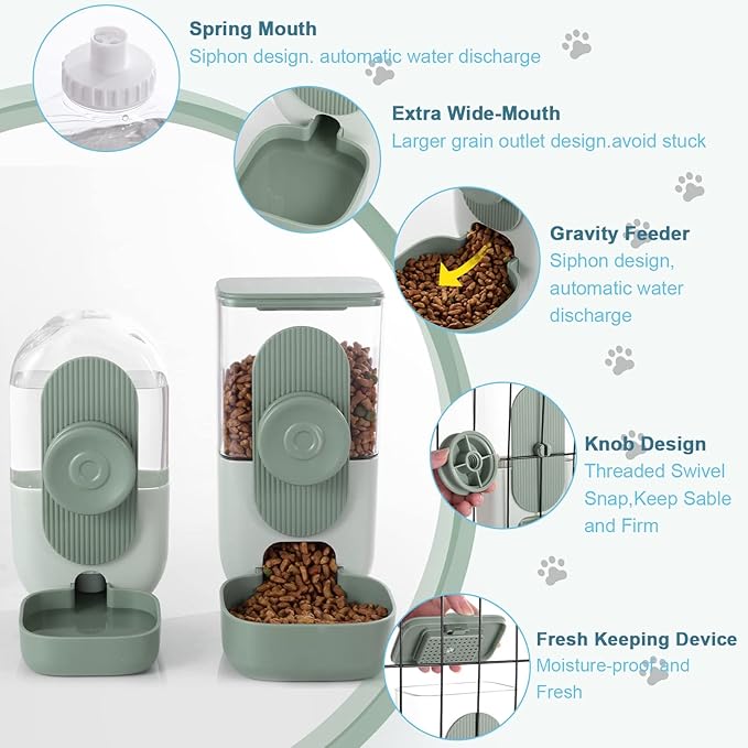 Hanging Automatic Food Water Dispenser,Gravity Rabbit Feeder Water Dispenser Set,Cage Cat Water Dispenser,Food Bowl for Bunny Guinea Pig Ferret Water Dispenser (Cage Grid Spacing Over 1.2'')