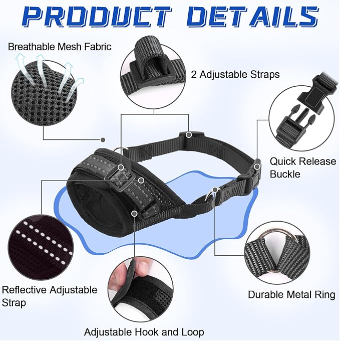 Dog Muzzle Soft Air Mesh Muzzle for Large Dogs, Adjustable Pet Muzzle for Small Medium Dogs to Drink Normally, Breathable Reflective Muzzle for Dogs to Prevent Biting Barking(Black,XL-13)