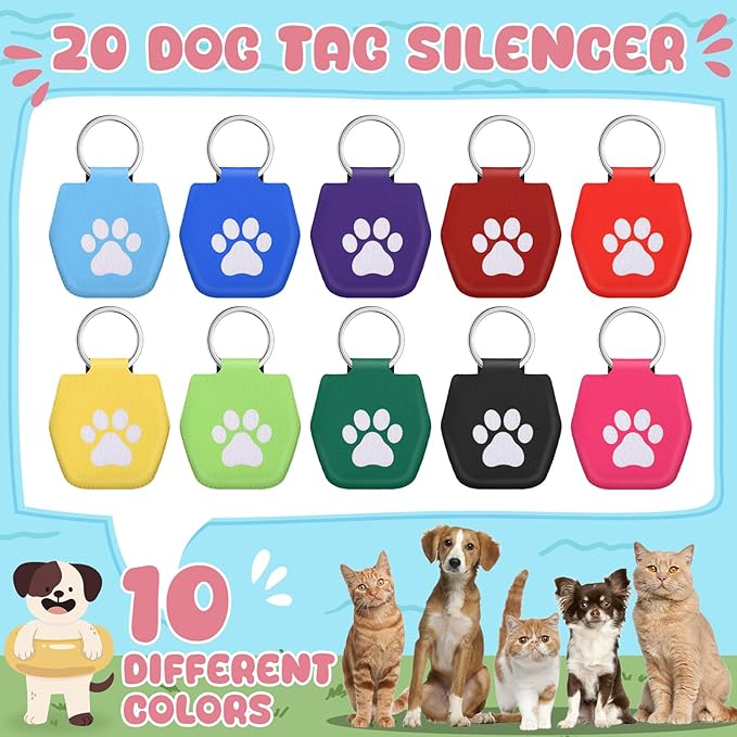 20 Pcs Dog Tag Silencer with Rings Portable Quiet Dog Tag Holder Soundless Dog Tag Cover Dog ID Tags Dog Tag Bag Protector for Dogs Cats Pets, White Paw Style
