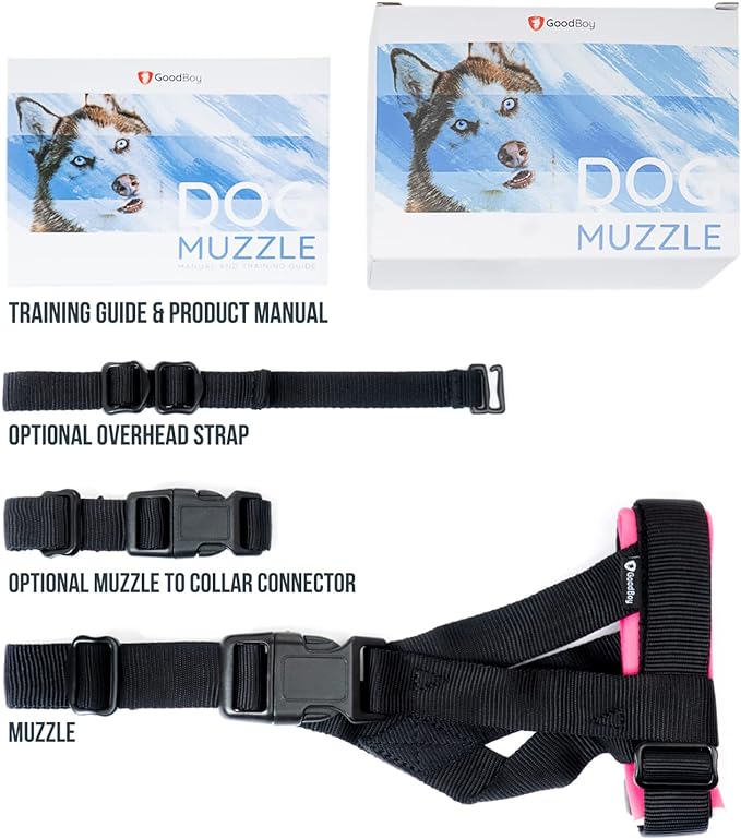 Gentle Muzzle Guard for Dogs - Prevents Biting and Unwanted Chewing Safely – New Secure Comfort Fit - Soft Neoprene Padding – No More Chafing – Training Guide Helps Build Bonds with Pet (M, Pink)