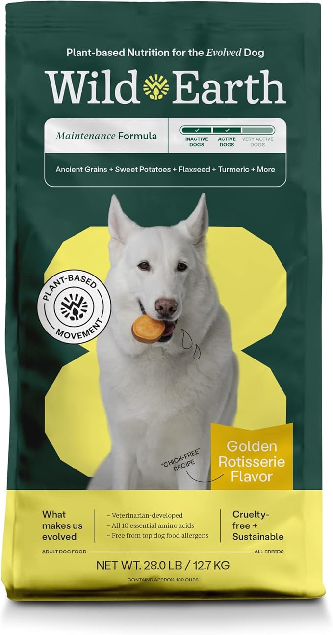 Wild Earth Vegan Dry Dog Food | Plant-Based Maintenance Formula | Vegetarian, Allergy Relief, Veterinarian-Developed for Complete Nutrition | Golden Rotisserie Flavor, 28 Pound Bag