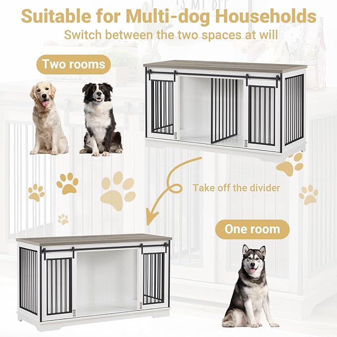 61'' Double Dog Crate Furniture for 2 Dogs, Large Double Dog Kennel Furniture TV Stand, Heavy Duty Dog Crate, Furniture Style Dog Crate End Table, Wood Crates for Dogs Kennel Indoor
