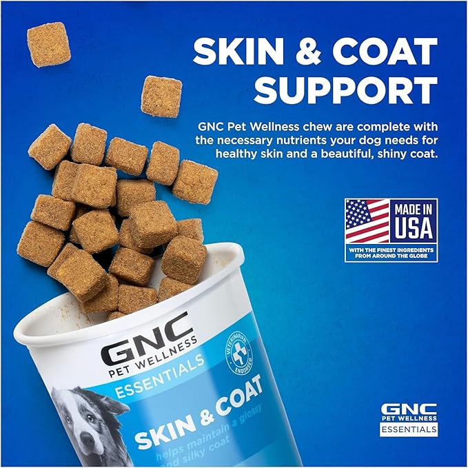 GNC Pets Essentials Skin & Coat Supplements for All Dogs, 60 Ct - 3 Pack | Skin & Coat Soft Chews for Dogs in Bacon Flavor | Dog Supplement with Salmon Oil, Omega Fatty Acids