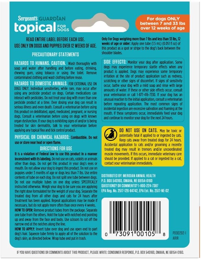Sergeant's Guardian Flea & Tick Squeeze On for Dogs 7-33 lbs., 3 Count