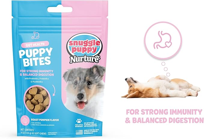 Puppy Bites by Snuggle Puppy, Gut Health, 60 Count Probiotic Supplement for Strong Immunity & Digestive Support for Puppies, Tasty Chew with Pumpkin, Mushrooms, Pectin, Dandelion & More