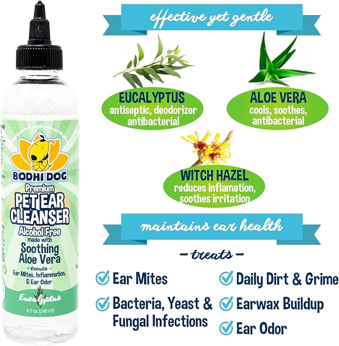 Bodhi Dog Ear Cleaner Solution for Dogs and Cats | Aloe Vera Cleaning Treatment for Ear Treatment | Gentle Cleanser for Ears (8oz Alcohol Free)