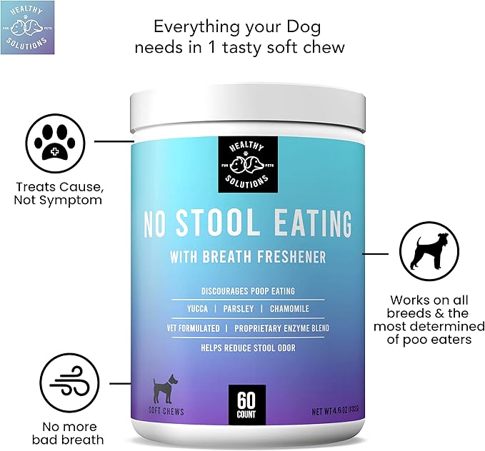 Deterrent for Dogs Eating Poop - Coprophagia No Poo Chews Prevent Dog from Eating Stool - Chew Enhanced with Breath Freshener, Enzymes, & Probiotics to Help Ease and Stop This Nasty Habit | 60ct