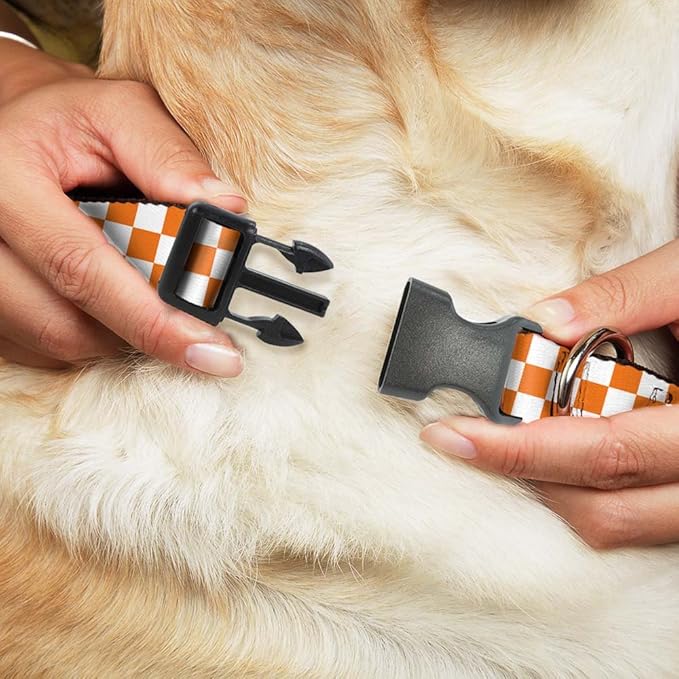 Buckle-Down Plastic Clip Collar - Checker White/TN Orange - 1/2" Wide - Fits 9-15" Neck - Large