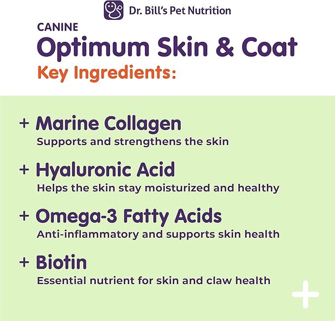 Dr. Bill’s Canine Optimum Skin & Coat (680g) – Fish Oil Omega-3 Fatty Acids Dog Supplement with Biotin, Type I & III Marine Collagen, Hyaluronic Acid & Folic Acid