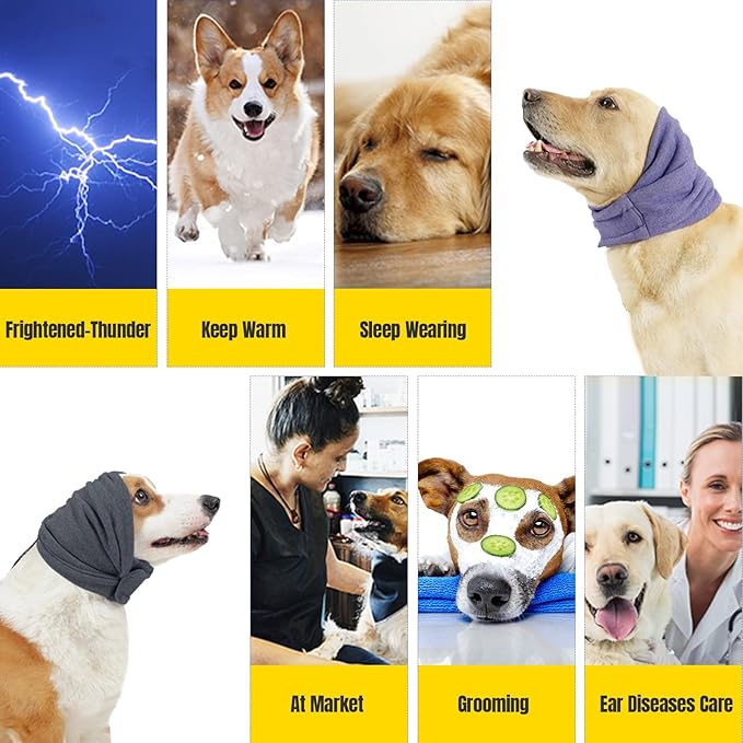 Dog Ear Cover for Anxiety Relief, Dog Ear Muffs, Dog Calming Hoodie Head Cover Sleeves with Velcro, Pet Cats and Dogs Ear Protector, and Bathing Warm Winter Dog Ear Scarf(Purple, S)