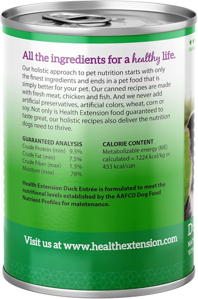 Health Extension Wet Dog Food Canned, Gluten & Grain-Free, Natural Food for All Dogs with Added Vitamins & Mineral, Duck Entree (12.5 Oz / 374 g) (Pack of 12)