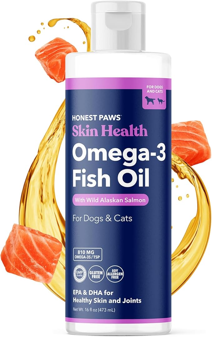 Honest Paws Fish Oil for Dogs - Omega 3 Wild Alaskan Salmon Oil - Healthy Skin, Joints, Nutritional Support, Shiny Coat - Fatty Acid, Pollock Oil - Sustainably Sourced - 16 Oz